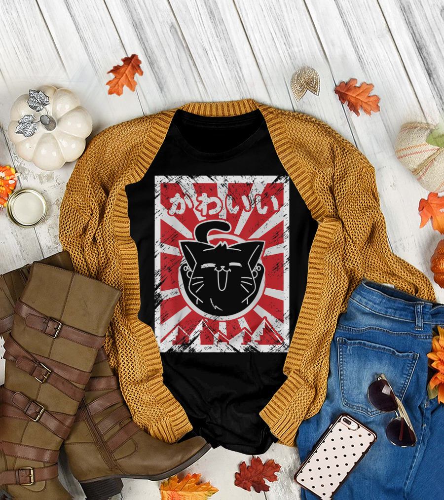 Kawaii Anime Cute Japanese Cat with Red Rising Sun Background T-Shirt