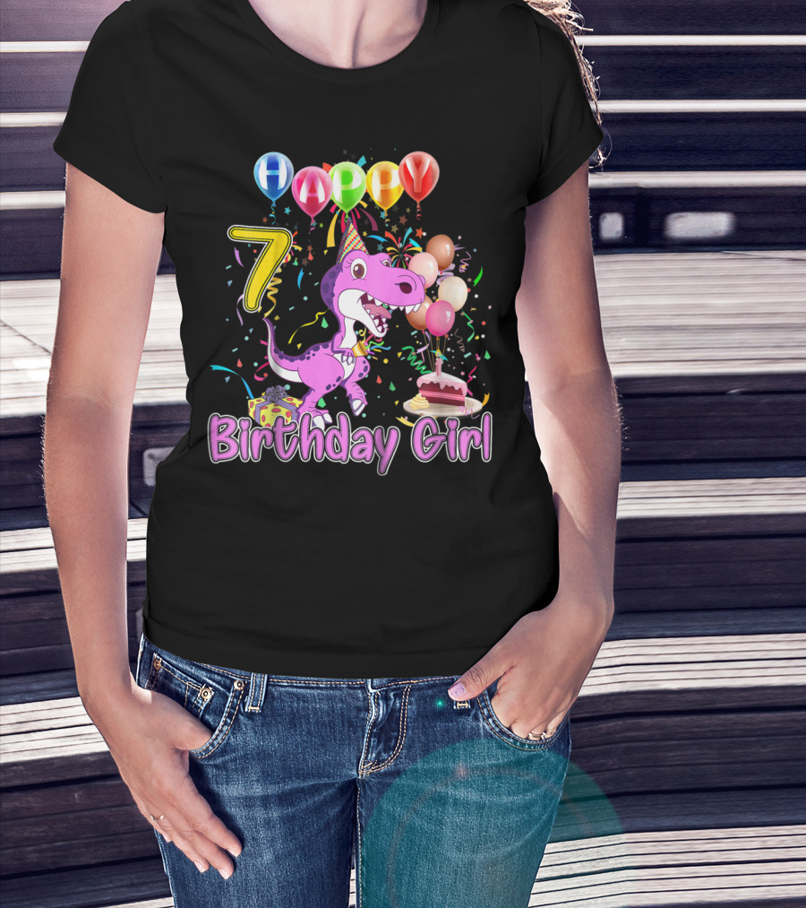 Happy 7 Birthday Girl Dinosaur Party Balloons Cake T-Shirt