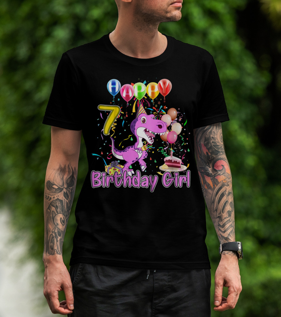 Happy 7 Birthday Girl Dinosaur Party Balloons Cake T-Shirt