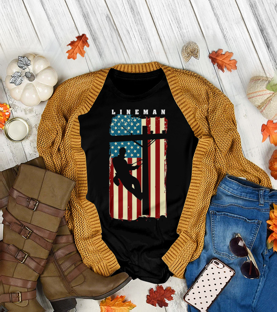 Lineman Silhouette Against American Flag Background with Electric Cable Pole T-Shirt