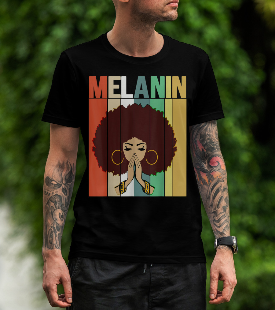 Melanin Vintage Black Afro Woman Prayer Hands Golden Hoop Earrings T-Shirt