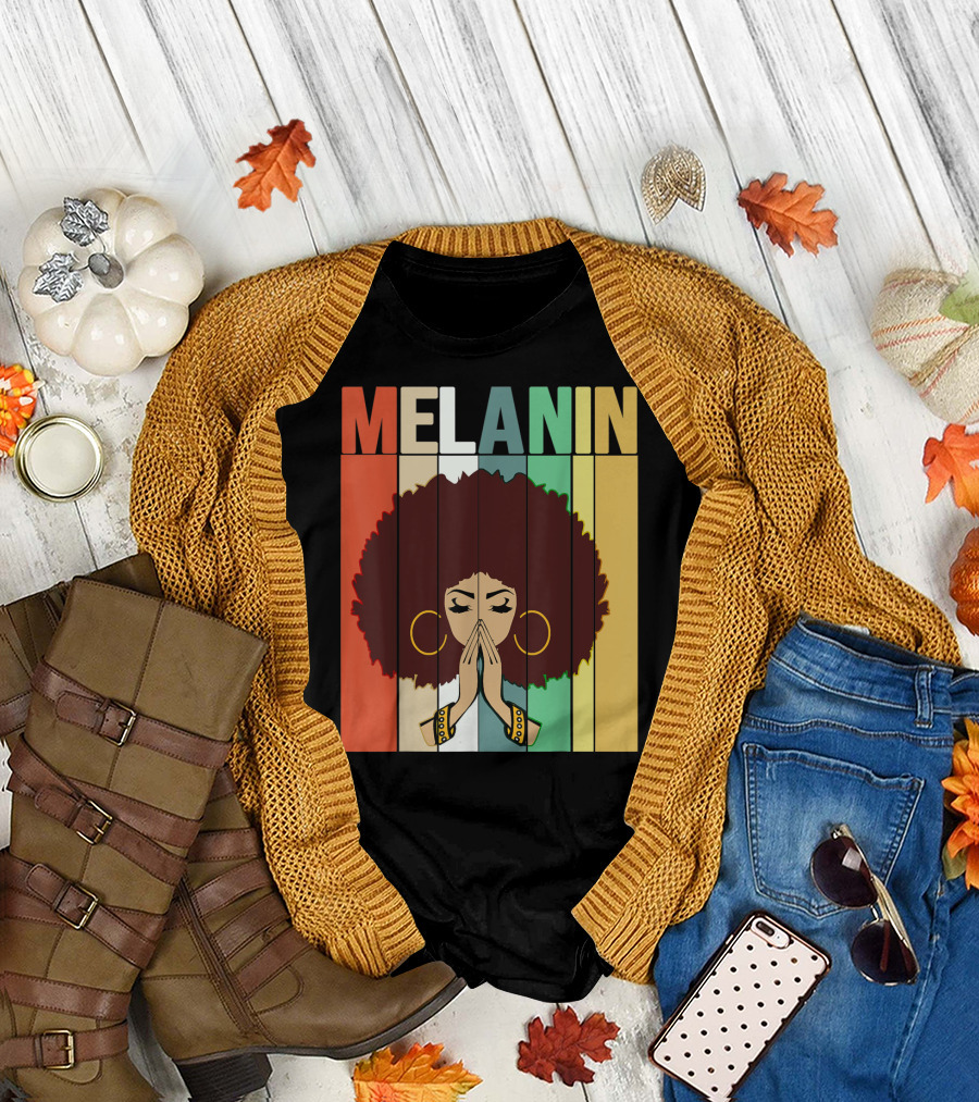 Melanin Vintage Black Afro Woman Prayer Hands Golden Hoop Earrings T-Shirt