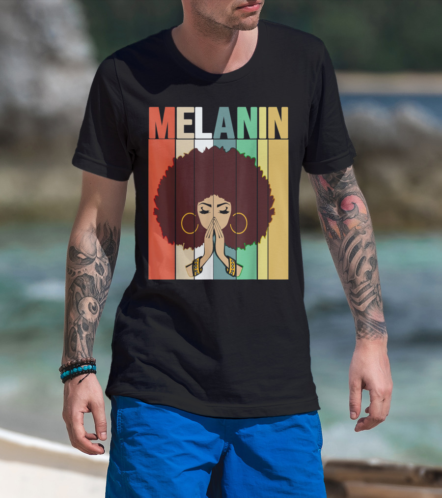 Melanin Vintage Black Afro Woman Prayer Hands Golden Hoop Earrings T-Shirt