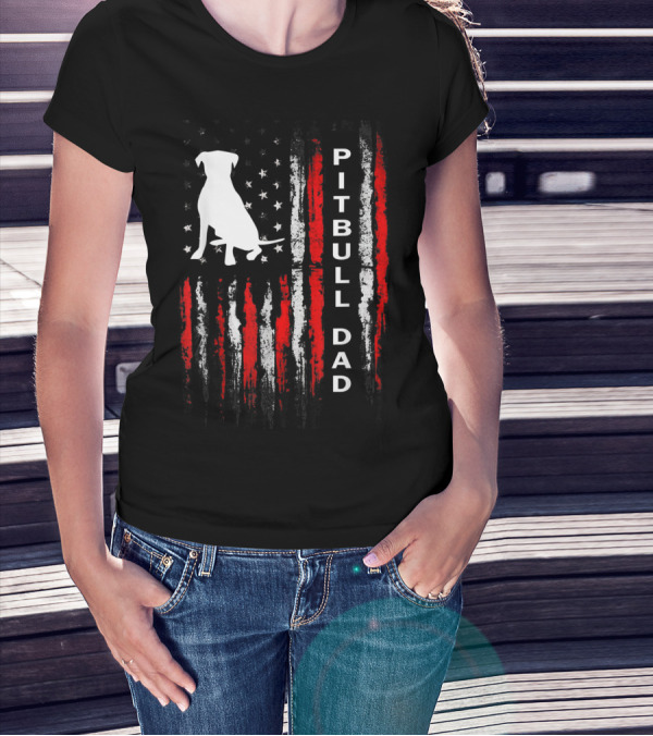 Mens Pitbull Dad American Flag Bully Dog T-Shirt