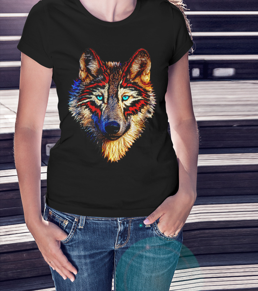 Mens Womens Kids Native American Timber Wolf Cool Bright Colorful Wolf Face T-Shirt