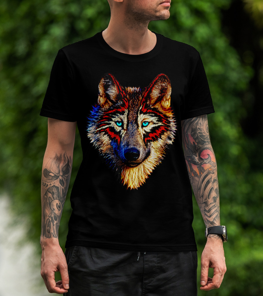 Mens Womens Kids Native American Timber Wolf Cool Bright Colorful Wolf Face T-Shirt