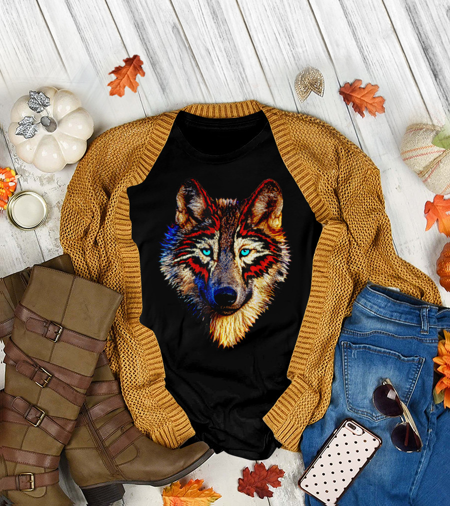 Mens Womens Kids Native American Timber Wolf Cool Bright Colorful Wolf Face T-Shirt