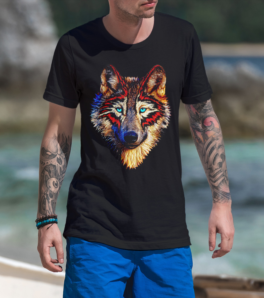 Mens Womens Kids Native American Timber Wolf Cool Bright Colorful Wolf Face T-Shirt