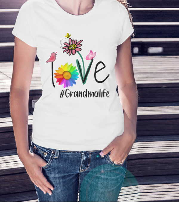 Love #Grandmalife Rainbow Heart Floral Bird Butterfly T-Shirt