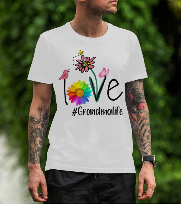 Love #Grandmalife Rainbow Heart Floral Bird Butterfly T-Shirt