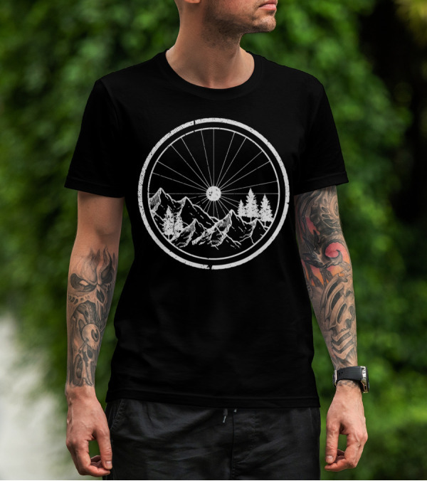 Mountain Bike MTB Bicycle Cycling Wheel With Mountains And Trees T-Shirt