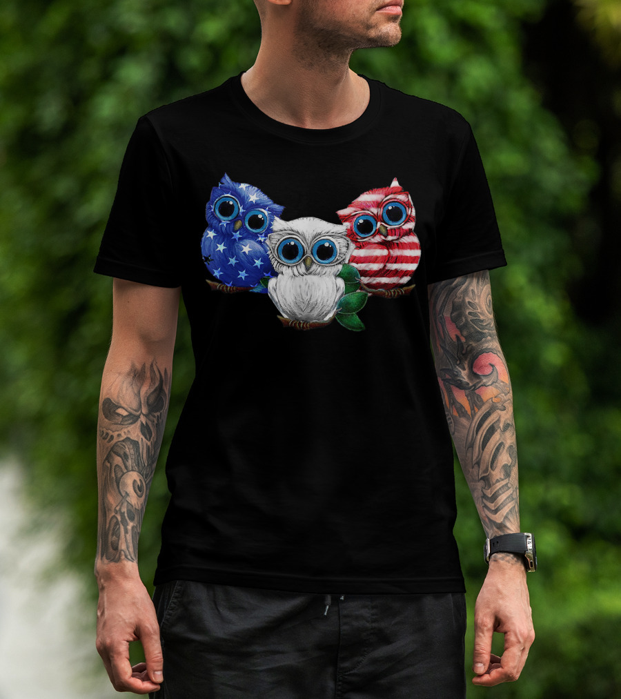 Patriotic Red White Blue Owl Trio T-Shirt