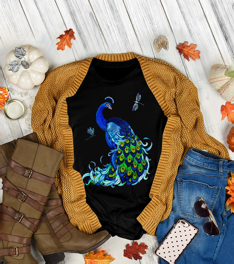 Peacock Elegance with Vibrant Dragonflies T-Shirt