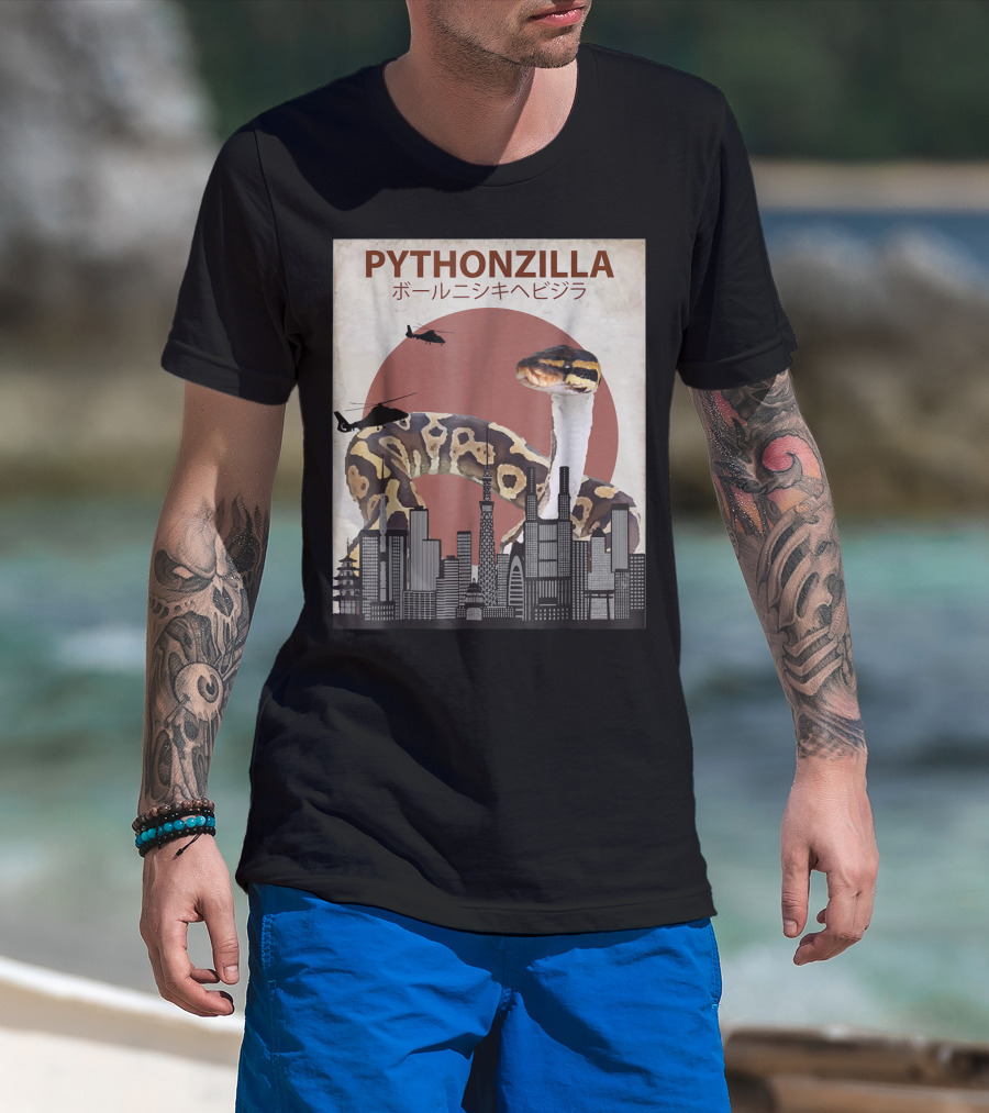 Pythonzilla Ball Python Funny Snake Skyline Helicopter Japanese Text T-Shirt