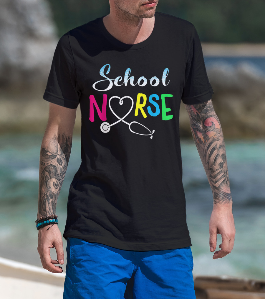 School Nurse Love Stethoscope Heart Nursing T-Shirt