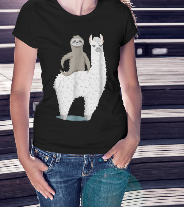 Sloth Joyfully Riding A White Llama T-Shirt