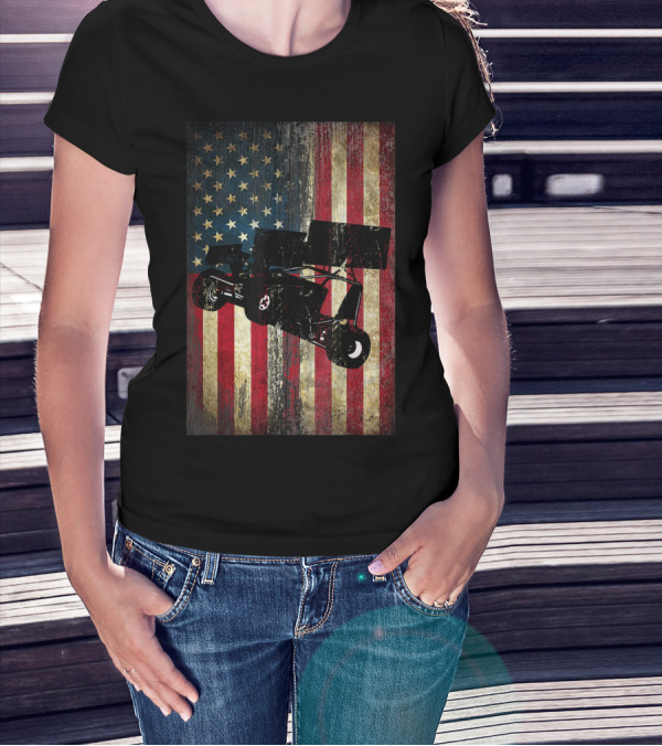 Distressed American Flag With Sprint Car Racing T-Shirt