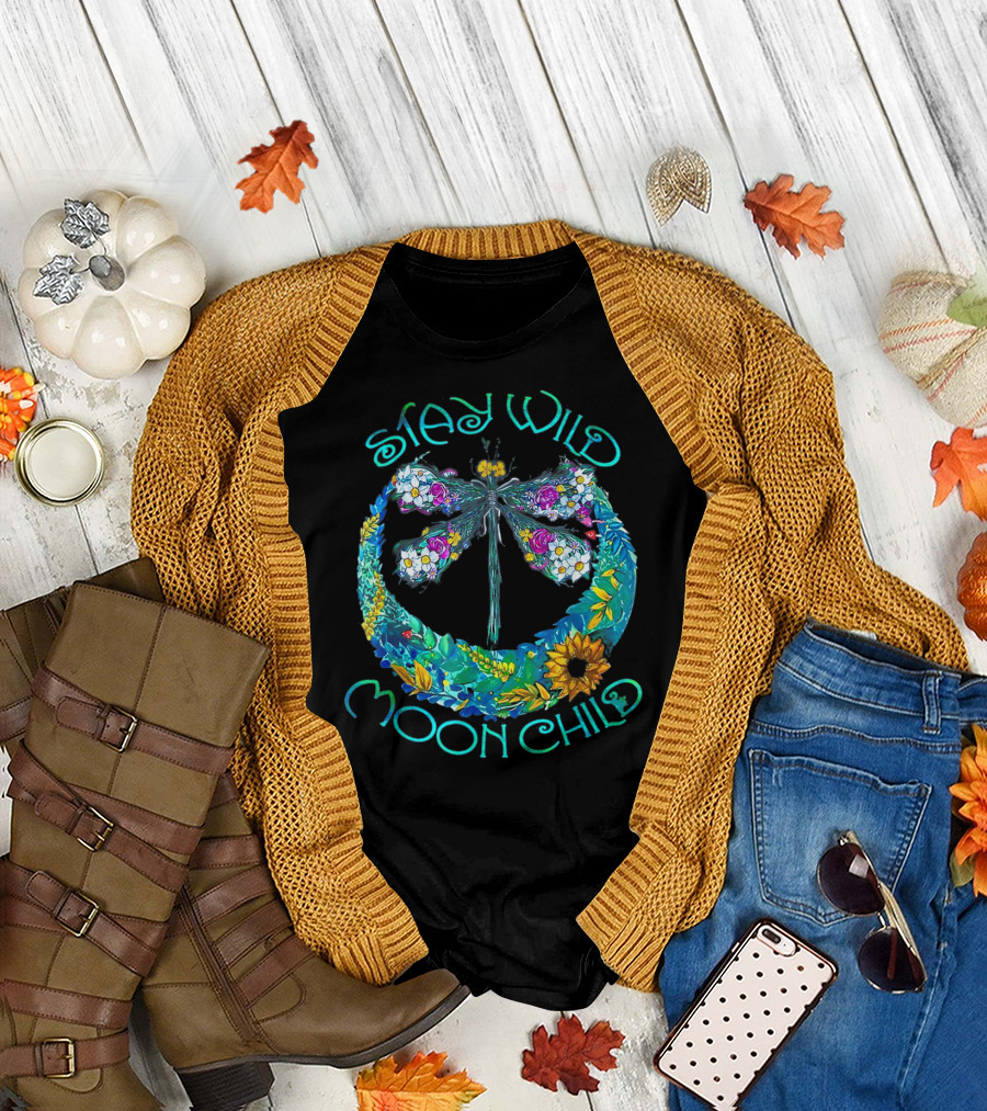 Stay Wild Moon Child Dragonfly in Floral Crescent Moon T-Shirt