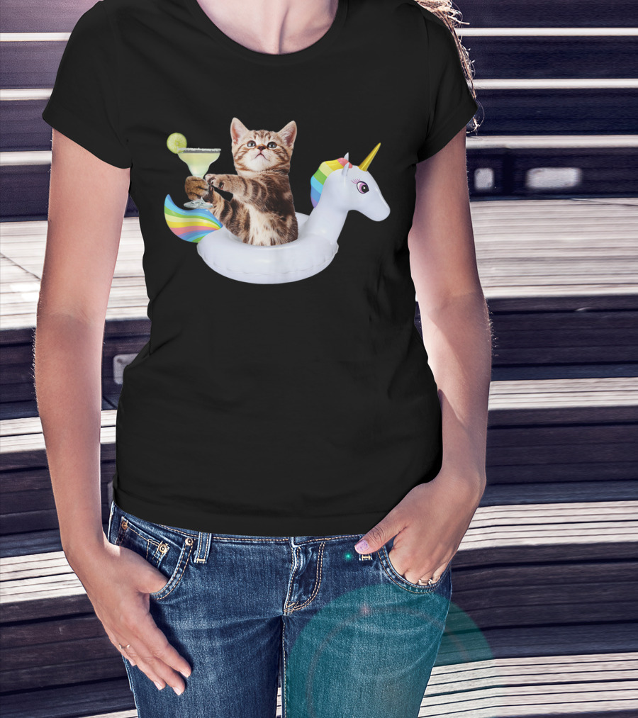 Kitty With Margarita On Rainbow Unicorn Float T-Shirt