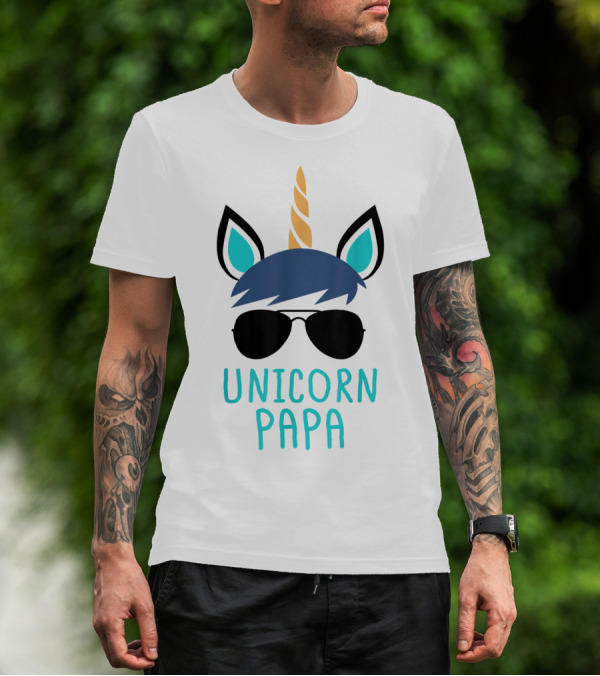 Unicorn Papa Sunglasses Blue Mane Horn Ears T-Shirt