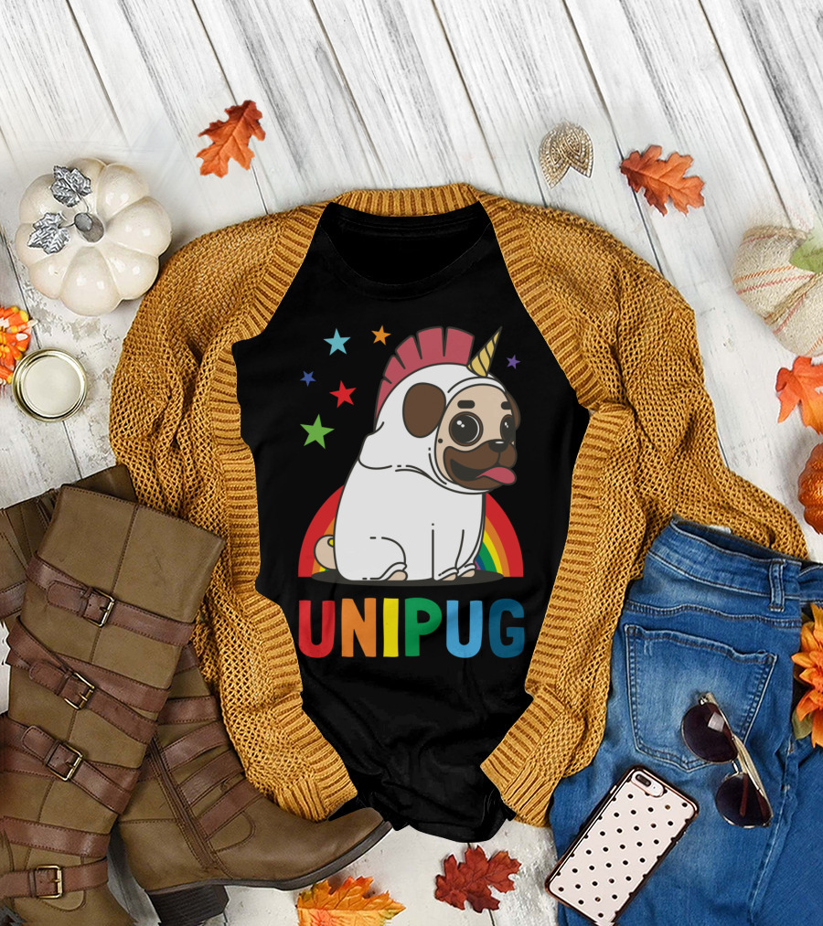 UNIPUG Rainbow Unicorn Pug Dog with Stars T-Shirt