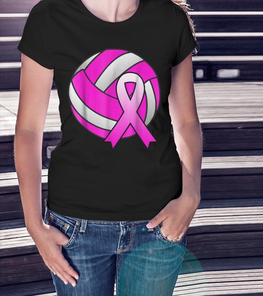 Volleyball Pink Ribbon Breast Cancer Awareness Symbol On Ball T-Shirt