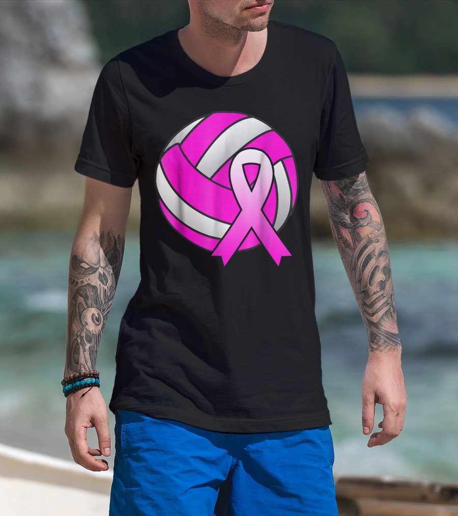 Volleyball Pink Ribbon Breast Cancer Awareness Symbol On Ball T-Shirt