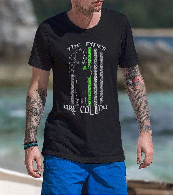 The Pipes Are Calling Saint Patrick's Day Bagpipe Silhouette And Shamrock Flag T-Shirt