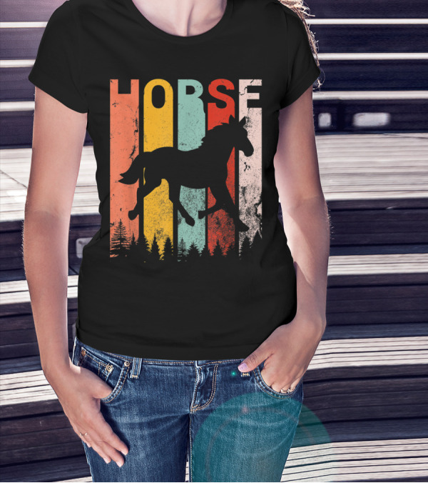 Vintage Style Horse Lover Silhouette With Colorful Stripes And Forest T-Shirt