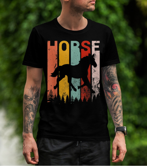 Vintage Style Horse Lover Silhouette With Colorful Stripes And Forest T-Shirt