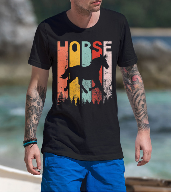 Vintage Style Horse Lover Silhouette With Colorful Stripes And Forest T-Shirt