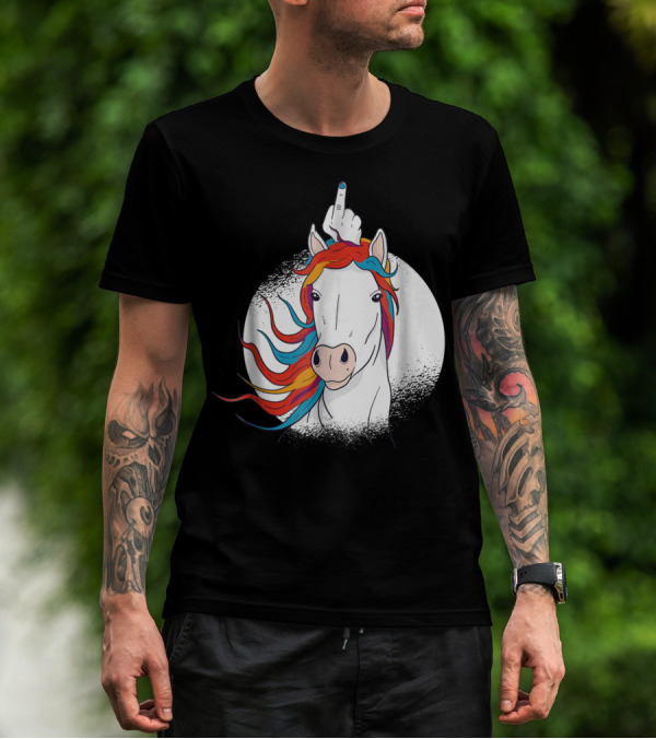 Funny Horse Unicorn Middle Finger Rainbow Mane T-Shirt