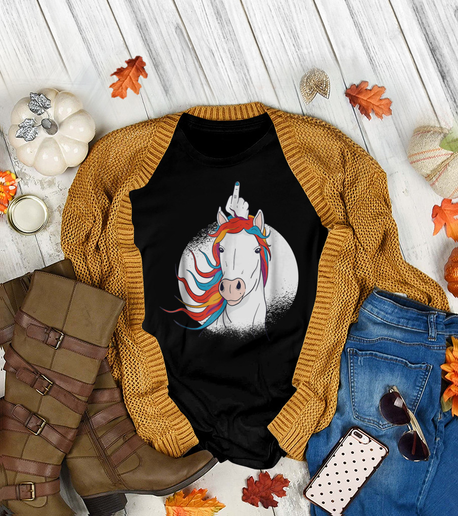 Funny Horse Unicorn Middle Finger Rainbow Mane T-Shirt
