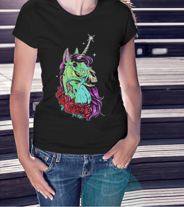 Funny Rose Floral Unicorn Horse Zombie Vibes T-Shirt