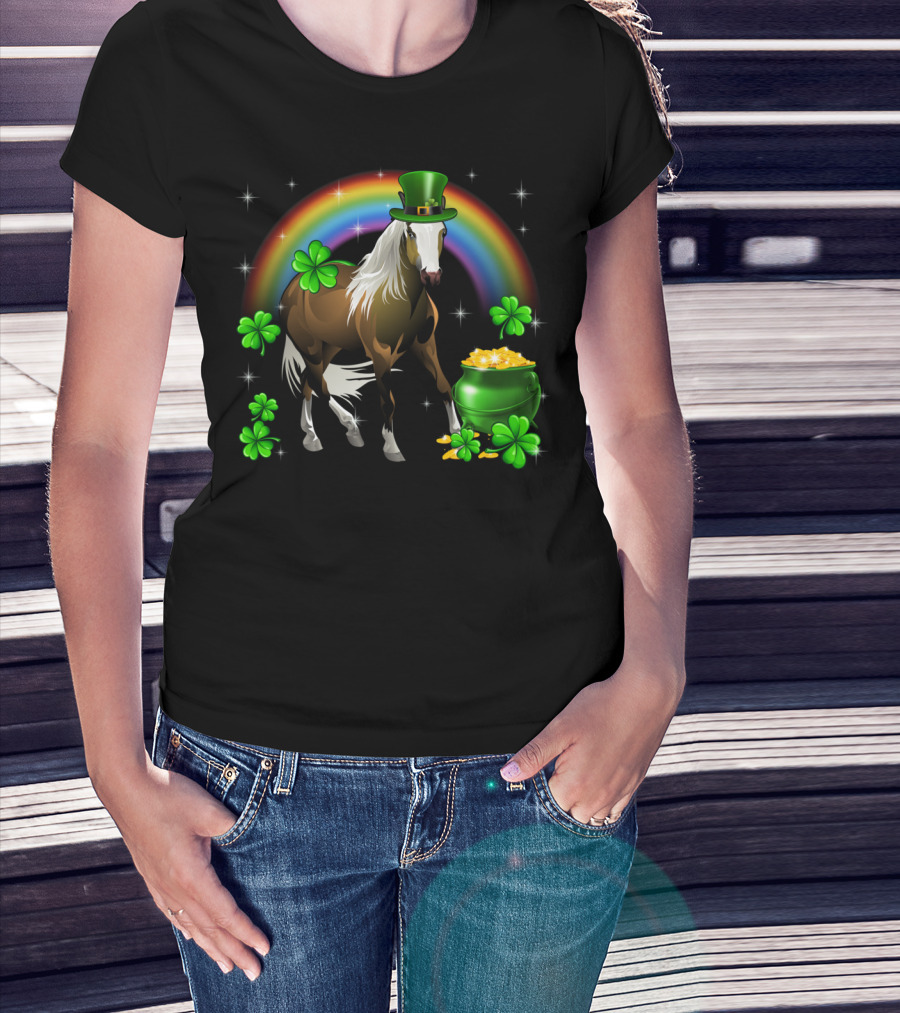 Lucky St Patricks Day Horse With Shamrocks And Rainbow T-Shirt