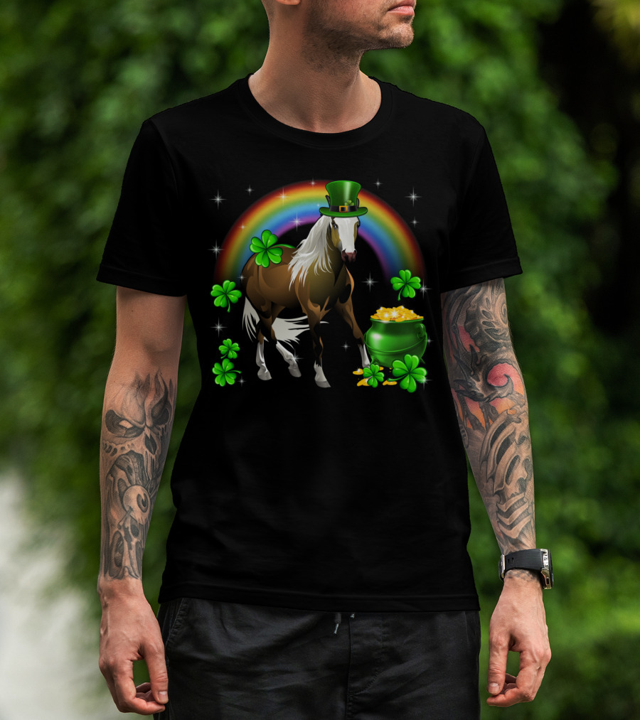 Lucky St Patricks Day Horse With Shamrocks And Rainbow T-Shirt