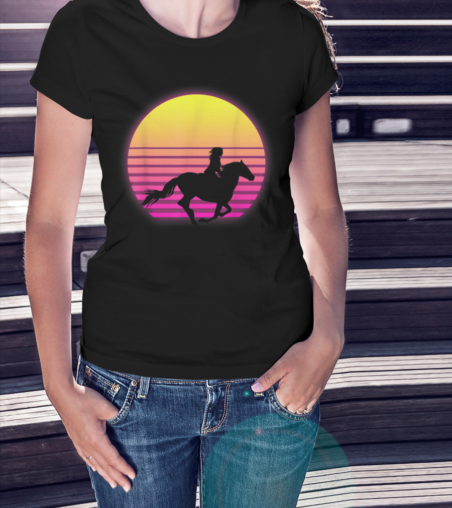Vintage Sunset Girl Horse Riding Silhouette Retro Cool Horse T-Shirt