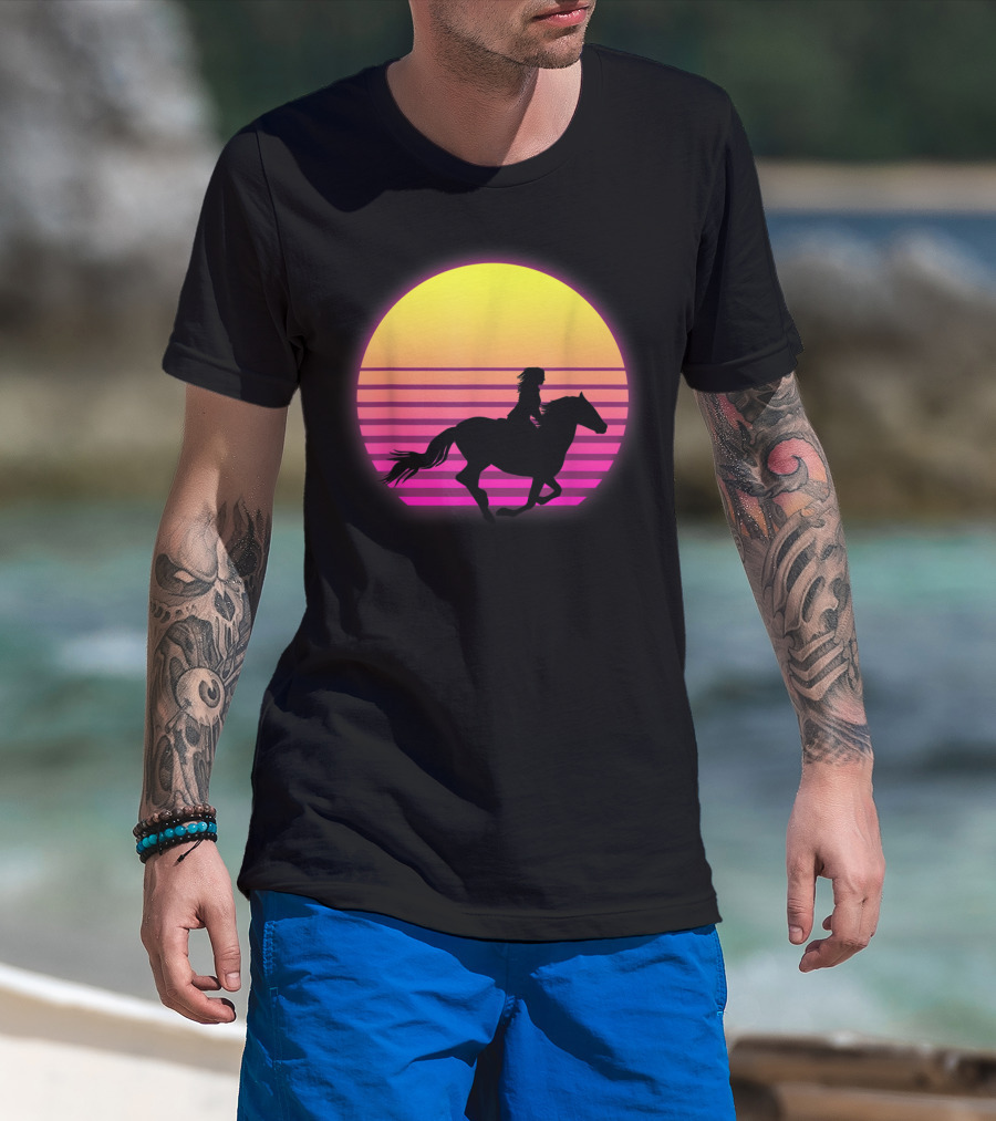 Vintage Sunset Girl Horse Riding Silhouette Retro Cool Horse T-Shirt