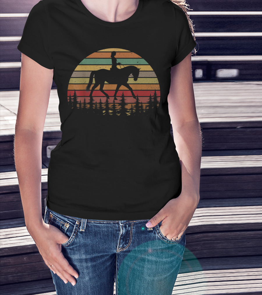 Girl Horse Riding Vintage Cowgirl Texas Ranch Sunset Stripes T-Shirt