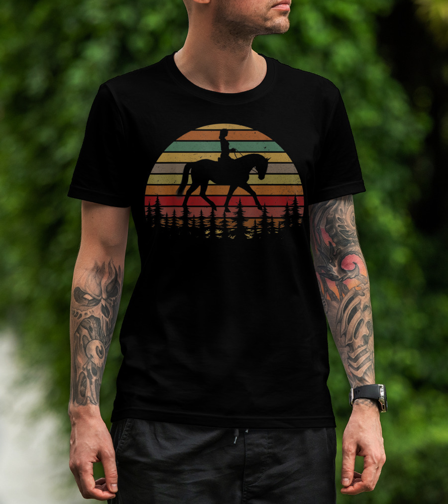 Girl Horse Riding Vintage Cowgirl Texas Ranch Sunset Stripes T-Shirt
