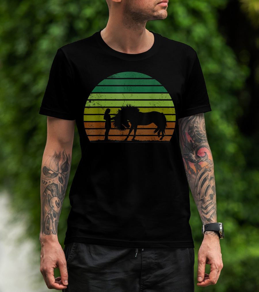 Girl And Horse Silhouette Sunset Stripes T-Shirt
