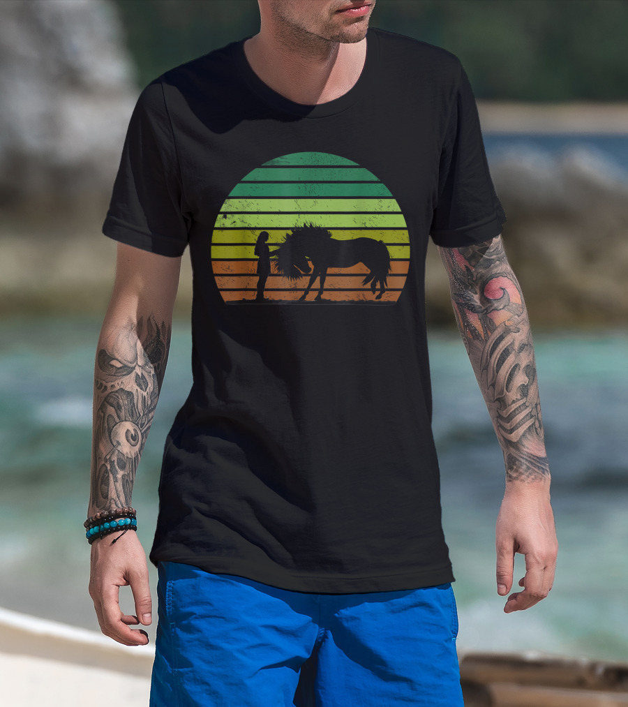 Girl And Horse Silhouette Sunset Stripes T-Shirt