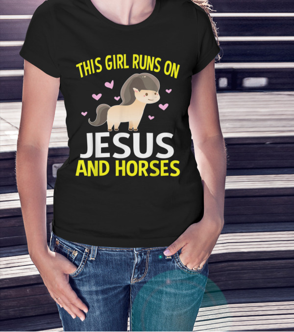 This Girl Runs On Jesus And Horses Hearts Cute Horse T-Shirt