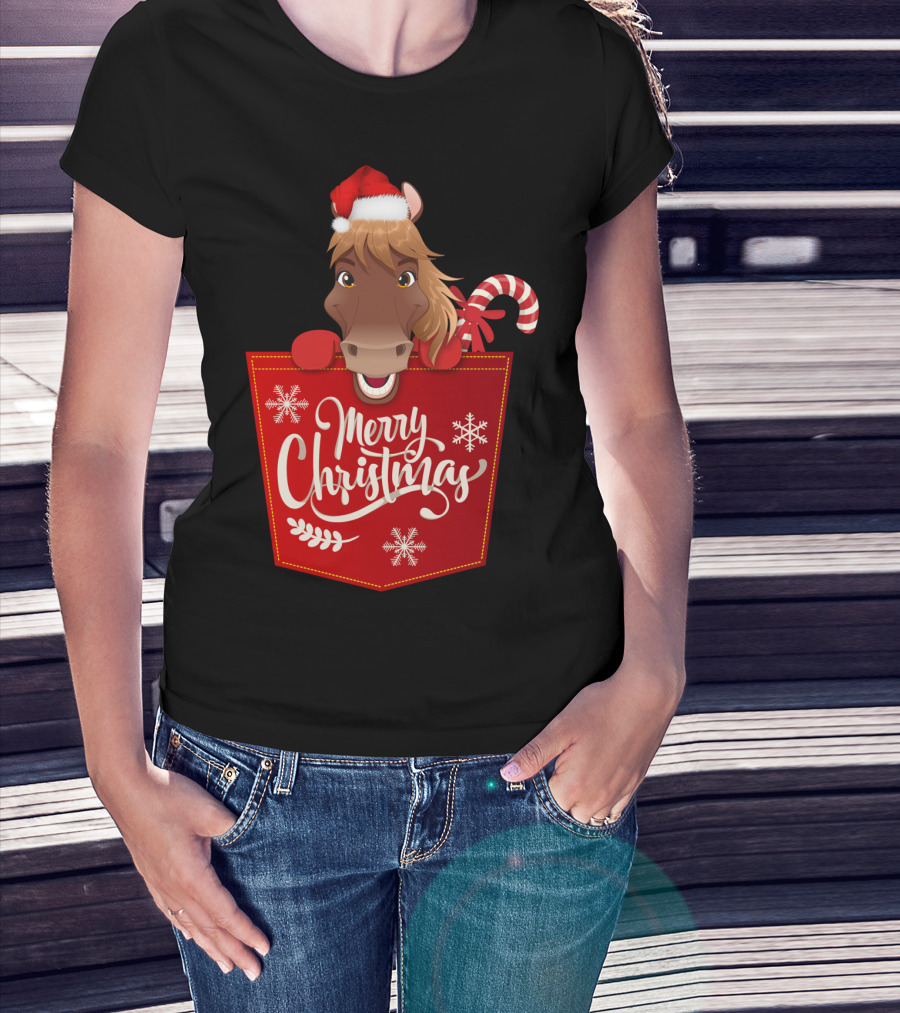 Funny Horse In Santa Hat With Candy Cane Merry Christmas Crewneck T-Shirt