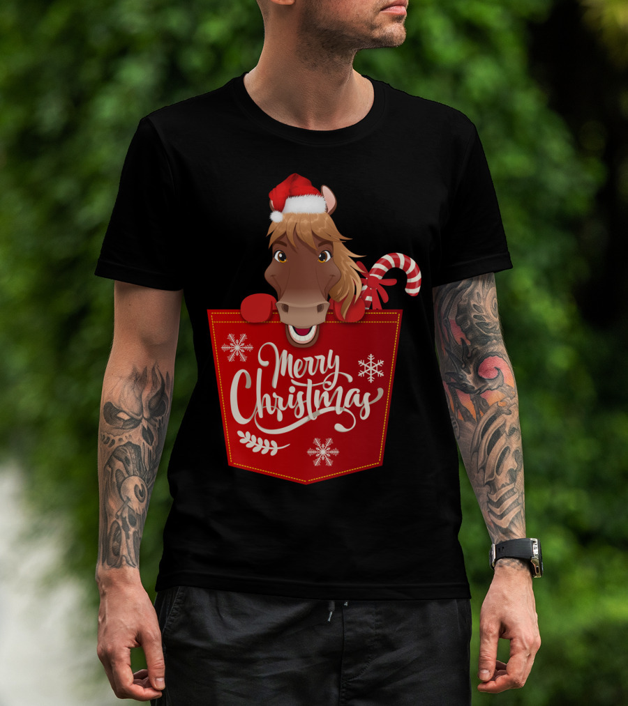 Funny Horse In Santa Hat With Candy Cane Merry Christmas Crewneck T-Shirt