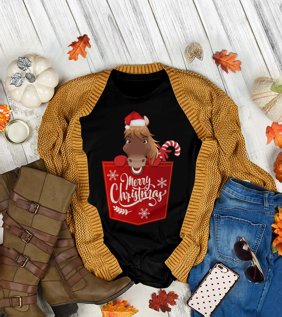 Funny Horse in Santa Hat with Candy Cane Merry Christmas Crewneck T-Shirt