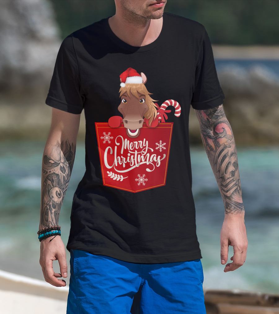 Funny Horse In Santa Hat With Candy Cane Merry Christmas Crewneck T-Shirt