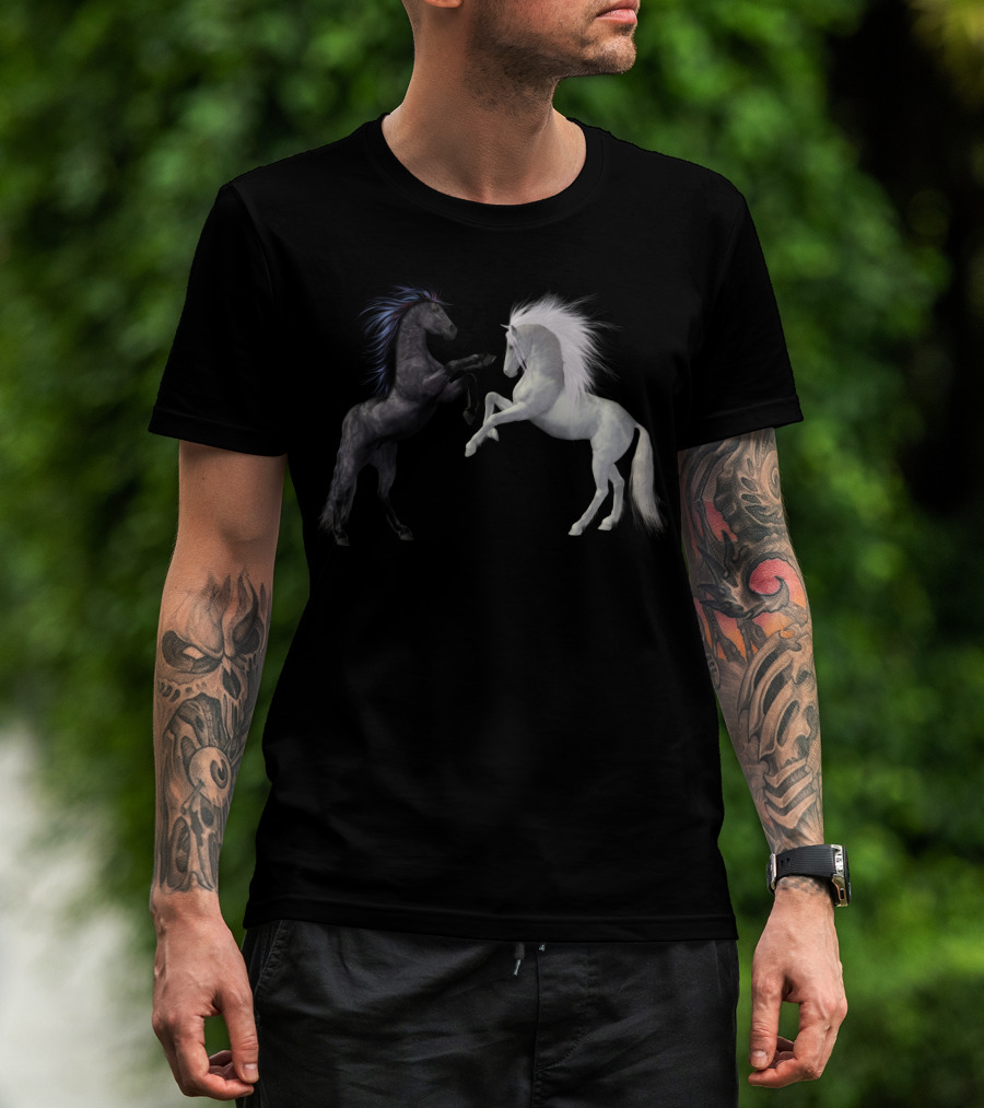 Girl's Horse Play Horseback Riding Esquireian Black Stallion White Mare T-Shirt