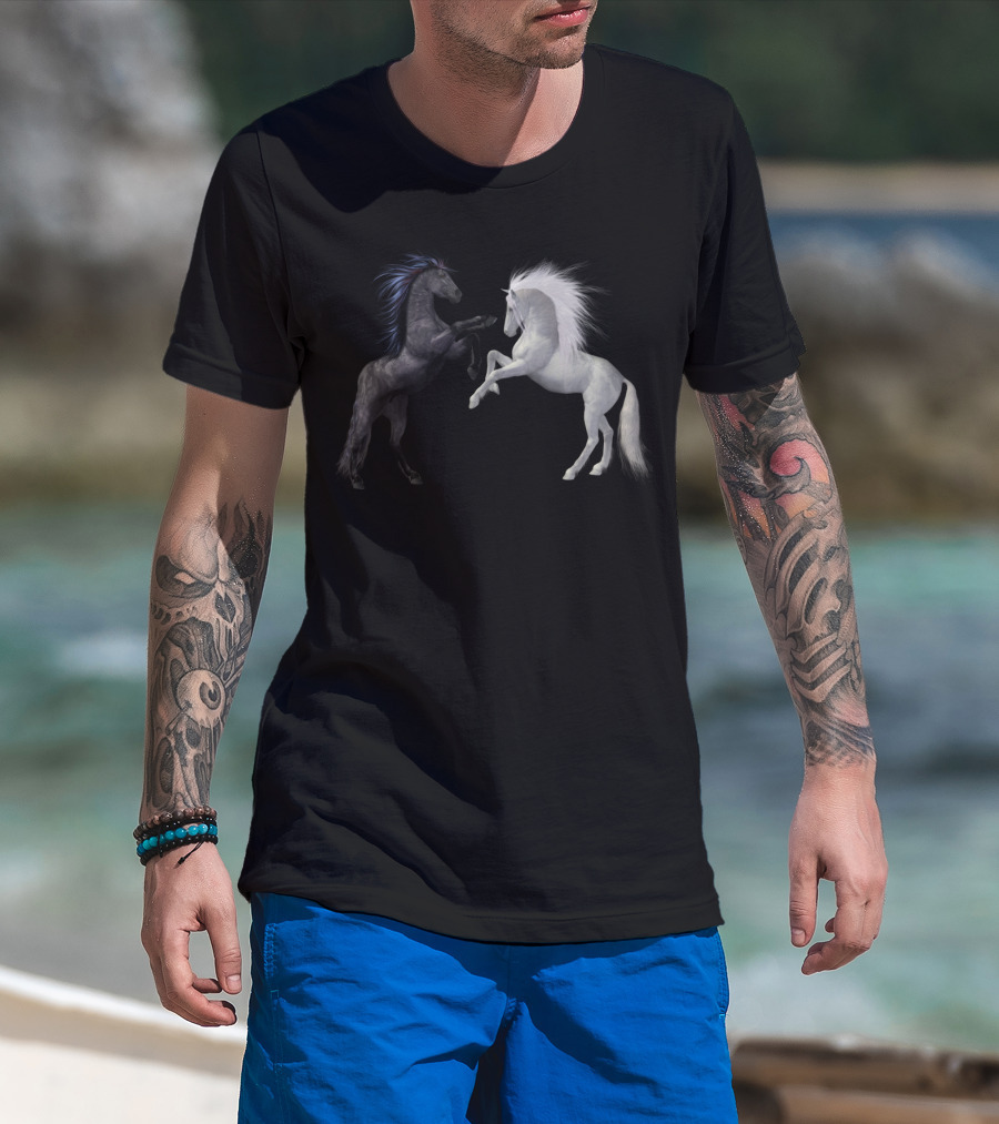 Girl's Horse Play Horseback Riding Esquireian Black Stallion White Mare T-Shirt