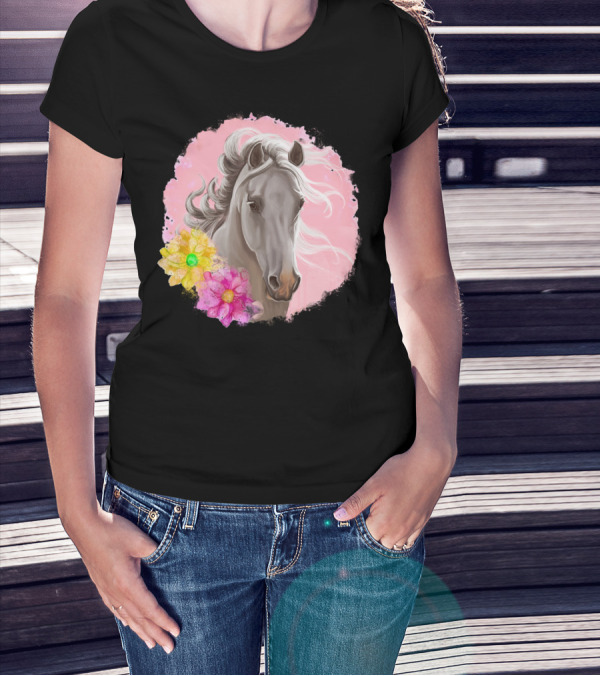 Gorgeous Horse With Vibrant Flowers On Pink Background T-Shirt
